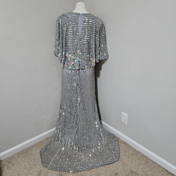 Sz 14 Mac Duggal 5221 Floral Multicolor Sequin Gown with Capelet in Platinum - Picture 5 of 12